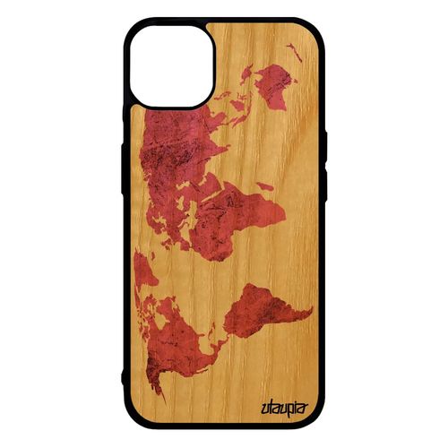 Coque Iphone 14+ Plus Bois Silicone Carte Monde Case Pays Pas Cher Terre Texture Smartphone Atlas Etui Design Rose Telephone