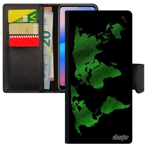 Coque Pour Iphone 14+ Plus Simili Cuir Portefeuille Carte Monde Terre Atlas Globe Etui Motif De Protection Mobile 128 Go Vert
