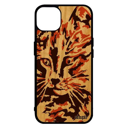 Coque En Bois Rigide Iphone 14 Silicone Chat Chaton Etui Marron De Luxe Peinture Artiste Dessin Petit Mignon Pas Cher