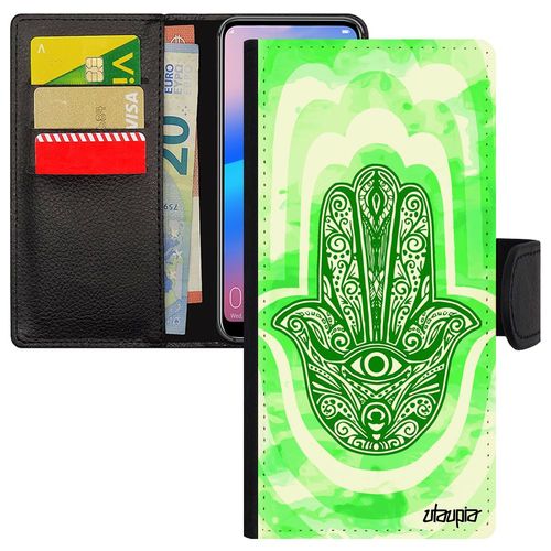 Coque Pour Iphone 14+ Plus Rabat En Silicone Main De Fatma Personnalisé Il Unique Fatima Berbere La Hamsa Talisman Vert Etui