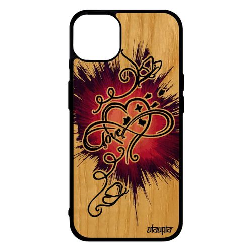 Coque Iphone 14+ Plus En Bois Silicone Infini Love Housse De Protection Fantaisie Telephone Unique Cadeau Saint Valentin Rose