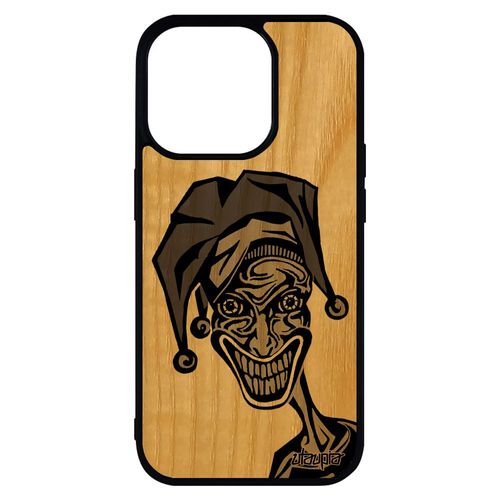 Coque Joker Iphone 14 Pro Max En Bois Et Silicone Gris Horreur Visage Comics Super Heros Design Etui Caoutchouc Made In France