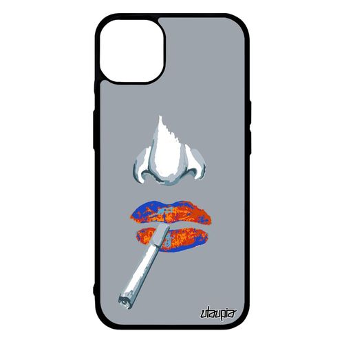 Coque Silicone Fumeur Iphone 14+ Plus Smack Abstrait Clope Etui Bouche Levres Femme Dessin Cigarette Mobile Jaune Metal 256 Go