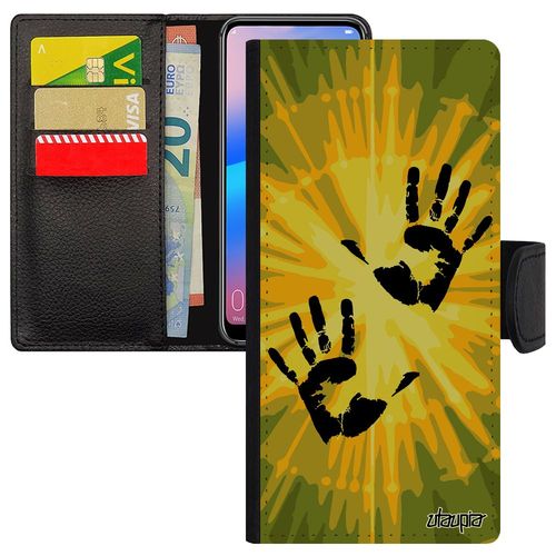 Coque Empreinte Main Iphone 14+ Plus Simili Cuir Rabat Portefeuille Porte Cartes Trace De Dessin De Protection Vert Deux Etui