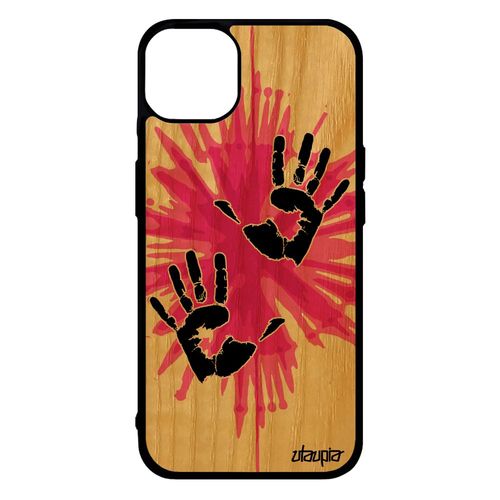 Coque Silicone Main Pour Iphone 14+ Plus En Bois Et 4g Peinture De Protection Deux Femme Rose Pas Cher Coloré Trace De Case