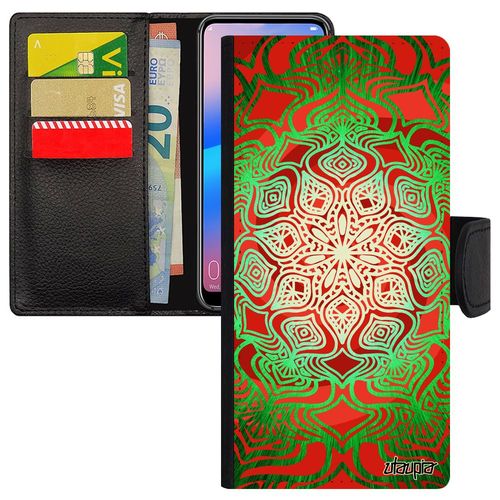 Coque Rabat Pour Iphone 14 Pro Max Simili Cuir Portefeuille Porte Cartes Mandala 4g Rosace Etui Vert Pu Indien Cover Effet 3d