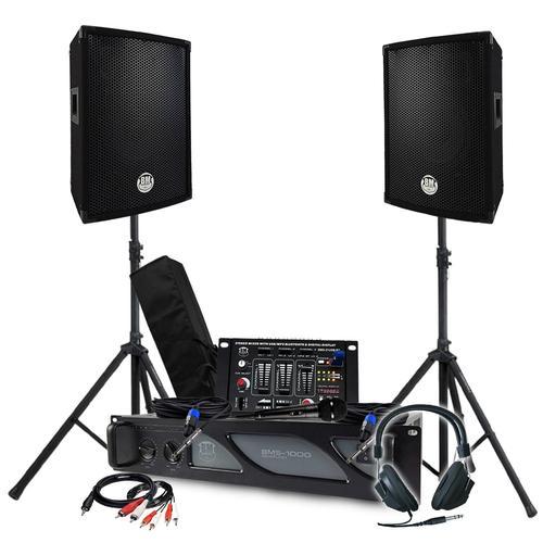 Pack Sono BM SONIC Amplificateur 1000W, Paire d'Enceintes Passives 2x300W, Table de Mixage, Pieds, Casque DJ, Câbles et Micro