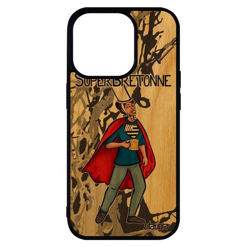 Coque Pour Iphone 14 Pro Max En Bois Veritable Silicone Super Bretonne Bretagne Gris Dessin Heros Comique Pas Cher Texte Drole