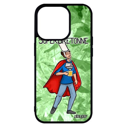 Coque Pour Iphone 14 Pro Max Silicone Super Bretonne Bretagne Humour Bd Drapeau Breton Comics Vert Heros Telephone Unique Noir