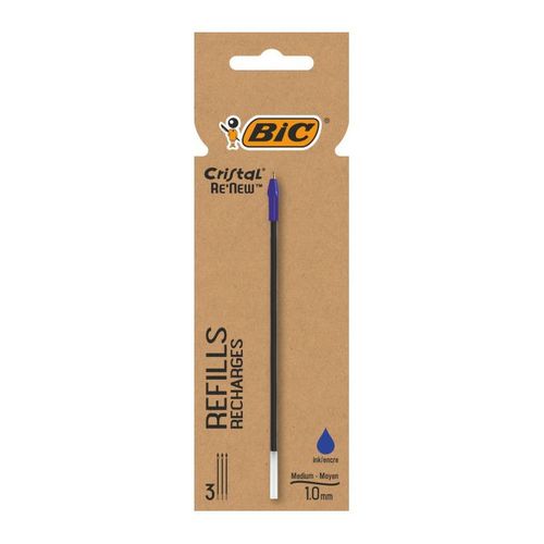 Recharge Re'new Stylo Bille Cristal Moyen 3 Pcs Bleu