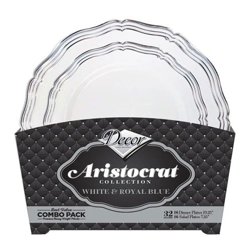 32 Assiettes Réutilisable Aristocrate Blanc Argent