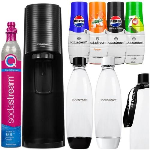 SodaStream Terra Black one bottle + fuse white 1l bottle + 4 sirops (Pepsi, Pepsi Max, 7up, Mirinda) + Spinel bottle lanyard