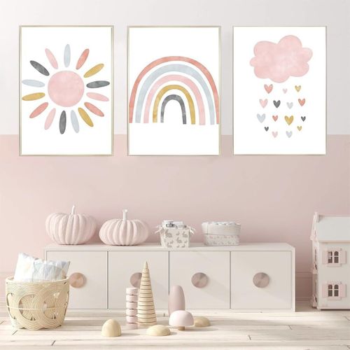 Lot de 3 Tableau Fille Decoration - AQSACOKIYA - Tableau Decoration - Arc-en-Ciel Nuage Soleil Affiche sans Cadre - Idéal pour déco chambres de fille