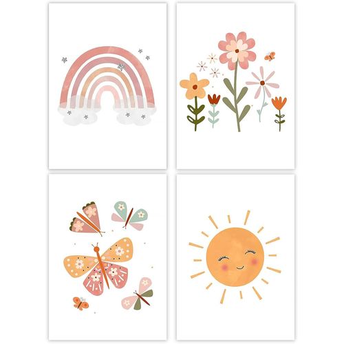 Lot de 4 tableaux pour chambre de fille - AQSACOKIYA - Déco pour chambre d'enfant - Arc-en-ciel soleil,nuage,fleurs et papillons