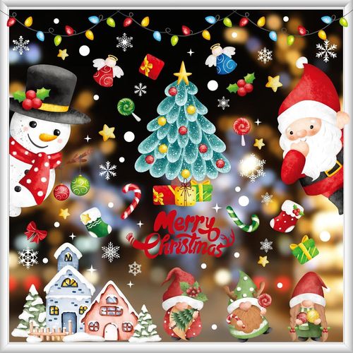 9 Noël Autocollants Fenetre Noël Stickers, 212Pcs Noël Autocollants Fenetre,Réutilisables Décoration DIY Fenêtres, Renne Flocons Neige Le Père Noël Nains Amovibles PVC Stickers