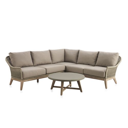 Salon 3 Pièces En Bois D'acacia, Tressage De Corde Et Coussins Taupe