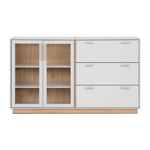 Buffet 3 Tiroirs Et 2 Portes Vitrées Décor Blanc Et Bois L162,5 Cm