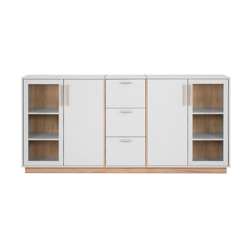 Buffet 4 Portes Et 3 Tiroirs Décor Blanc Et Bois L204 Cm