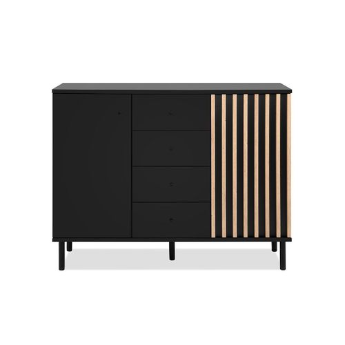 Buffet 2 Portes Et 4 Tiroirs Noir Et Bois - L118 Cm