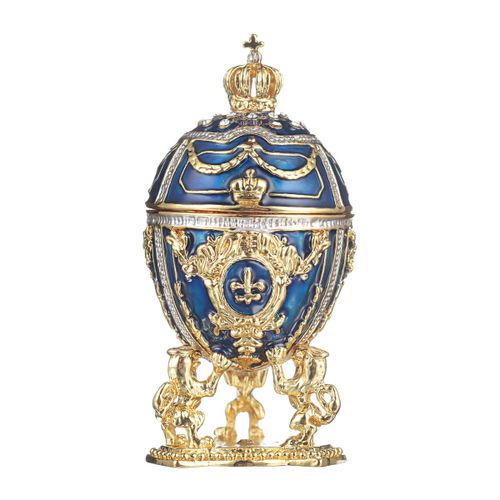 Oeuf à la Fabergé / boîte à bijoux avec des lions et couronne 7,5 cm, bleu