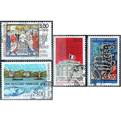 France 1996, Beaux Timbres Yvert 3003 France Italie Monaco, Accord Ramoge, 3024 De La Gaulle À La France, Clovis, 3034 Conseil Economique Et Social Et 3036 Deârtements D'outre-Mer, Obliteres, Tbe.
