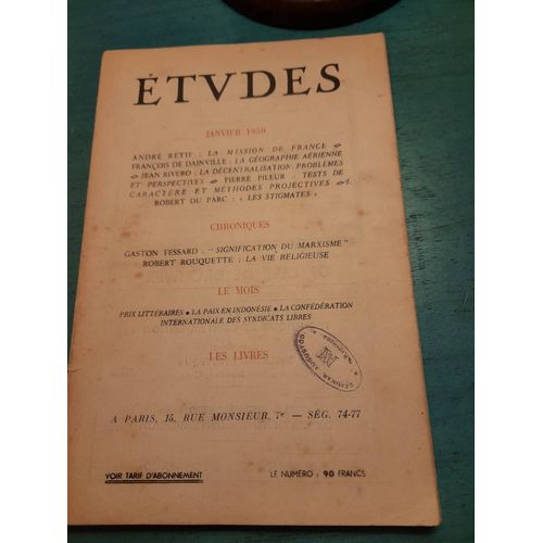 Études.  Janvier 1950. Tome 261. Numéro 1. André Rétif,  La Mission De La France,  François De Dainville,  La Géographie Aérienne 