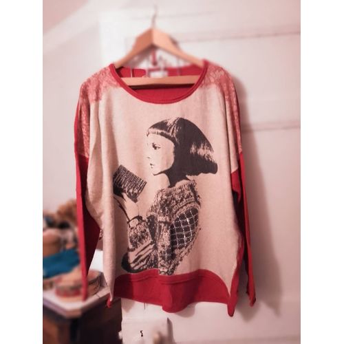 Pull Asymétrique Rouge Motif Crème/Noir 42 Xl Jacqueline Riu.