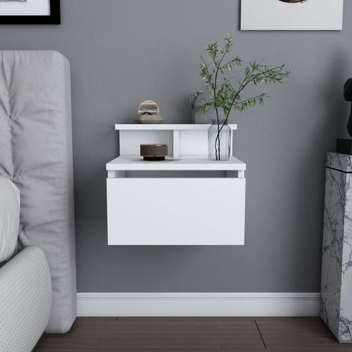 Visby - Table De Chevet Suspendue Blanche Avec Tiroir Et Étagère