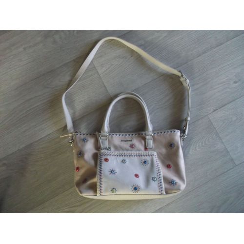 Sac DESIGUAL main ou bandoulière simili cuir marron, beige décos multicolore NEUF