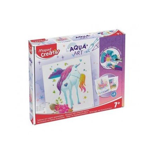 Kit Peinture Aquarelle - Aqua Art Licorne Magique, 3 Tableaux Metallises - Crayons, Pinceau Eau - Set Jeu Creatif Enfant + Carte