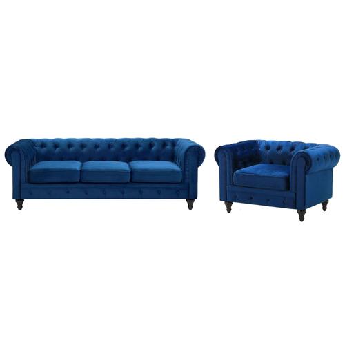 Ensemble Canapé Et Fauteuil En Velours Bleu Cobalt 4 Places Chesterfield