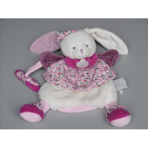 Doudou Et Compagnie Lapin Blanc Rose Mauve Violet Fleurs Cerise Marionnette
