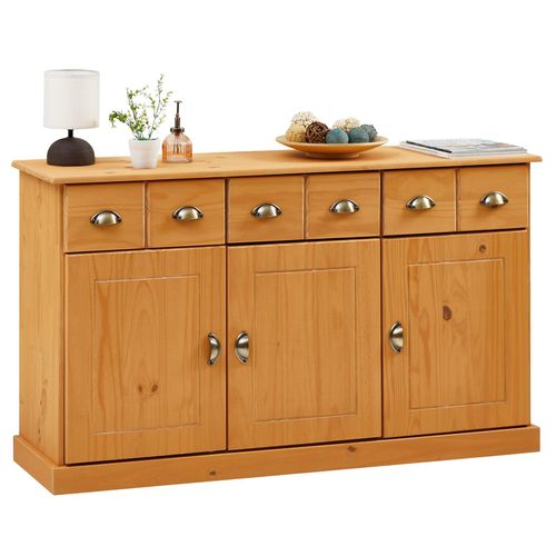 Buffet Paris Commode Bahut Avec 3 Portes Battantes Et 3 Tiroirs, En Pin Massif Lasuré Brun