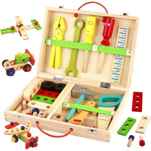 34pcs Jouets En Bois - Boite A Outil Enfant Diy Jeux De Construction, Caisse A Outil Enfant, Jeux Montessori,Cadeau Pour Garçon Filles 3 4 5 Ans