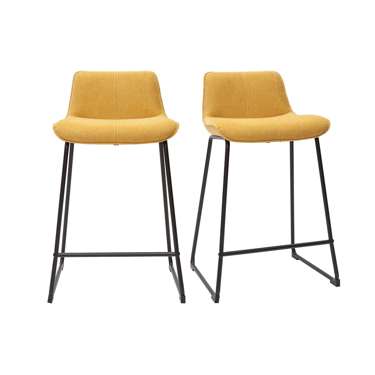 Tabourets De Bar En Tissu Effet Velours Texturé Jaune Moutarde Et Métal H65 Cm (Lot De 2) Boost