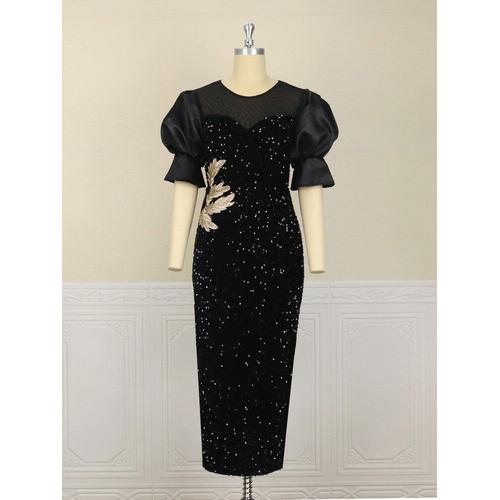 Robe de soirée femmes automne fête longue Robe manches bouffantes  paillettes même Robe Femme hors épaule formelle Vestido-M