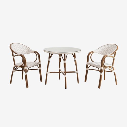 Ensemble Table Ronde (Ø80 Cm) Et 2 Chaises De Salle À Manger Empilables Avec Accoudoirs En Aluminium Brielle Bistro Blanc Gardenia - Beige Nude