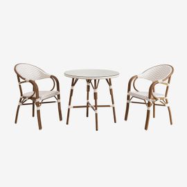 Ensemble Table Ronde (Ø80 Cm) Et 2 Chaises De Salle À Manger Empilables Avec Accoudoirs En Aluminium Brielle Bistro Blanc Gardenia - Beige Nude