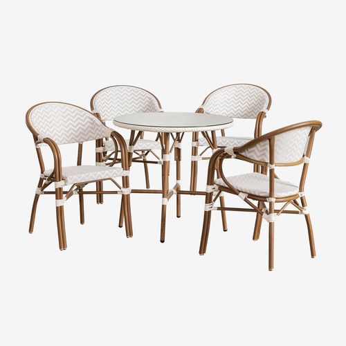 Ensemble Table Ronde (Ø80 Cm) Et 4 Chaises De Salle À Manger Empilables Avec Accoudoirs En Aluminium Brielle Bistro Blanc Gardenia - Beige Nude