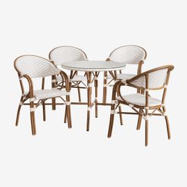 Ensemble Table Ronde (Ø80 Cm) Et 4 Chaises De Salle À Manger Empilables Avec Accoudoirs En Aluminium Brielle Bistro Blanc Gardenia - Beige Nude