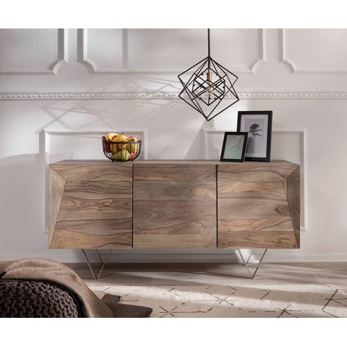 Commode Wyatt Sheesham Nature 150 Cm Optique 3d Haut Buffet Design En Acier Inoxydable