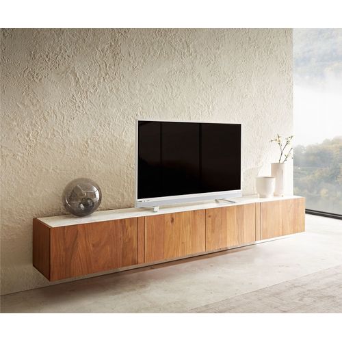 Meuble-Tv Secara 220 Cm Acacia Naturel 4 Portes Marbre Flottant