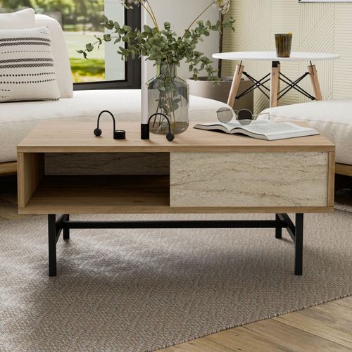 Trosa - Table Basse Design Bois Et Travertin Avec Compartiment