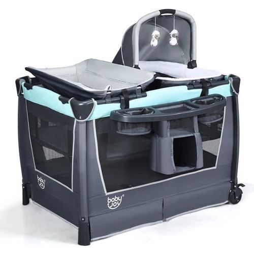 Costway 6 En 1 Lit Parapluie Bébé Avec Matelas,Barre Détachable Avec Auvent Réglable,2 Jouets Musical Et Sac Transport 0-3 Ans Vert