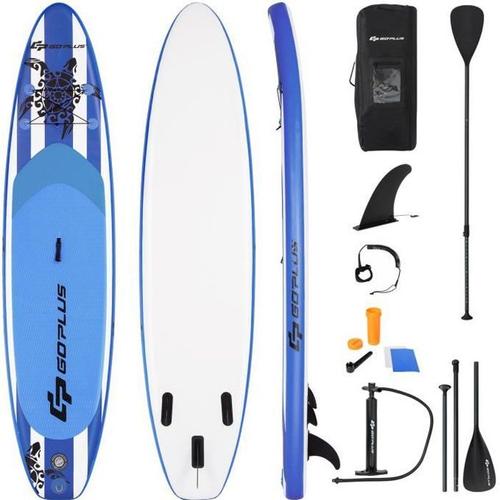 Costway Stand Up Paddle Board Gonflable 325x76x16cm Pvc Pagaie Réglable Pompe Leash De Sécurité Aileron Sac Pour Enfant/Adulte Bleu