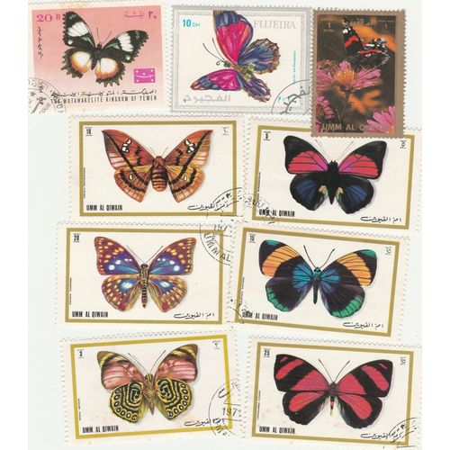 9 Timbres Oblitérés Des Émirats Arabes Unis Et Du Yemen - Animaux - Papillons