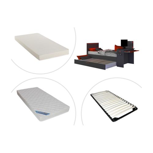 Lit Gigogne Gamer 90 X 200 Et 90 X 190 Cm - Avec Bureau - Leds - Anthracite Et Rouge + Matelas + Sommier - Vouani
