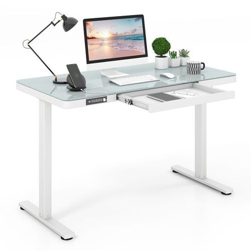 Bureau Électrique Assis-Debout 120x60x73-118cm Costway Tiroir, Hauteur Réglable, Plateau En Verre Trempé, Prises Usb Type-C, Blanc