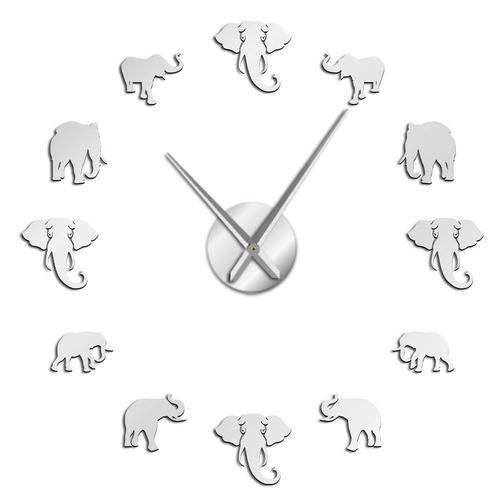 Jungle Animaux éléphant DIY Horloge Murale Décor à La Maison Design Moderne Effet Miroir Géant Sans Cadre, Argent, 47 Pouces