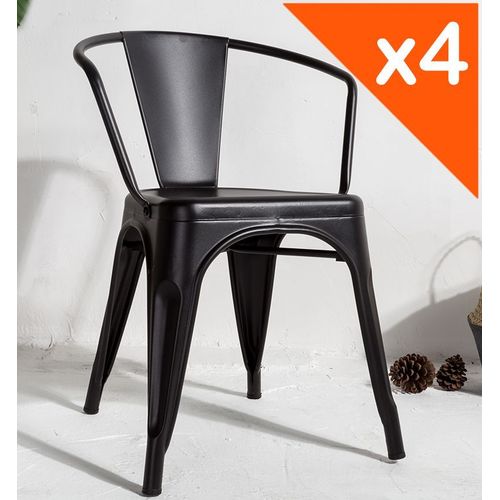 Kosmi - Lot De 4 Chaises En Métal Noir Style Industriel Factory En Métal Noir Mat, Fauteuils Industriels Avec Accoudoirs